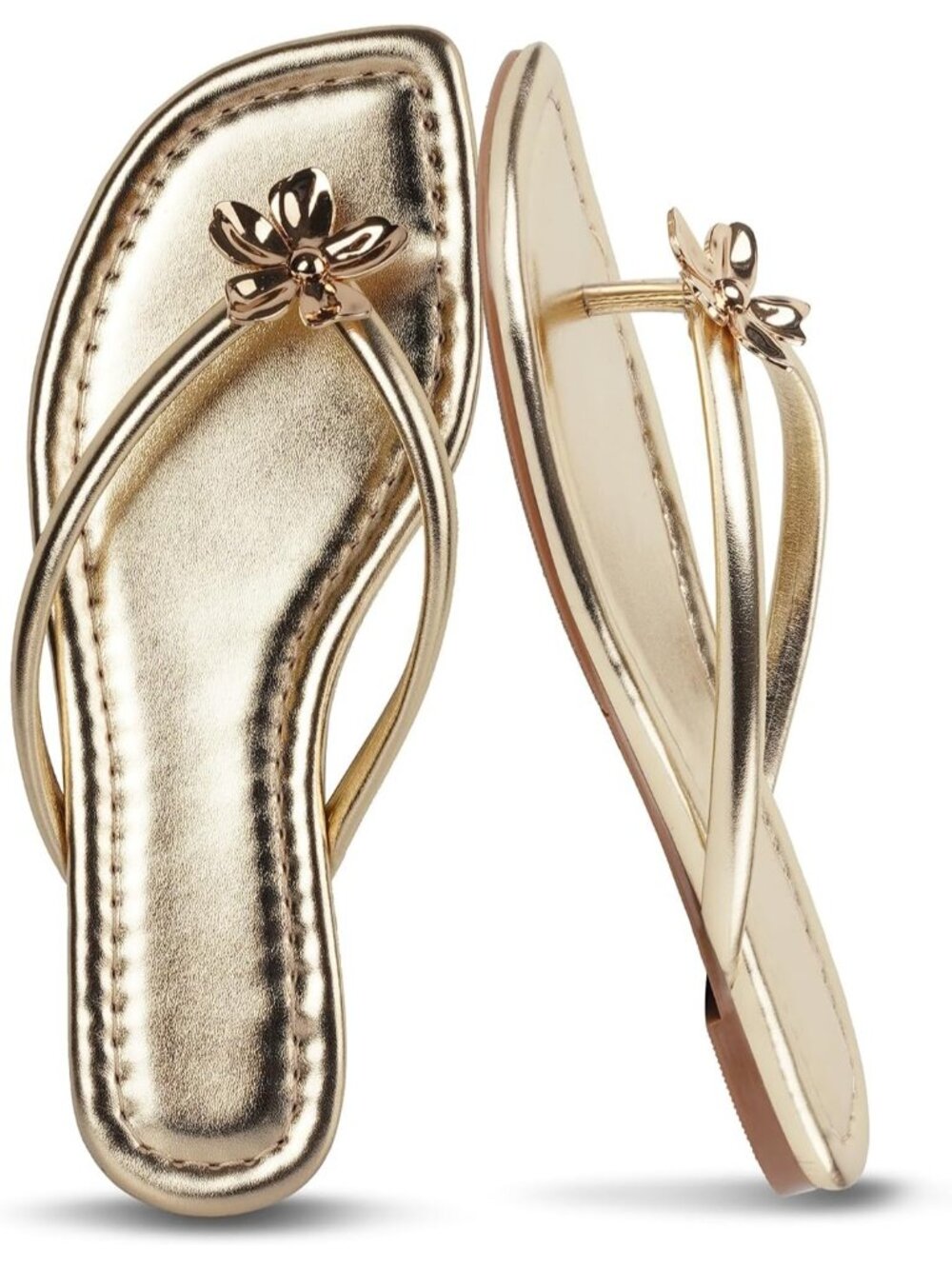 Women's Gold Comfortable Square Toe Thong Slip on Flip Flop Floral Flat Shoes